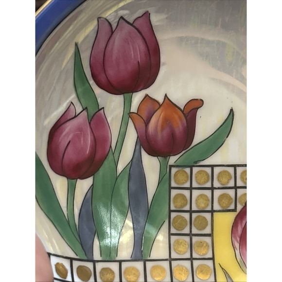 Noritake Art Deco Two Handle Square Rim Bowl with Tulip Floral Design #A135 7.5" - Picture 4 of 5